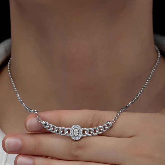 Oval Baguette Stone Gourmet Chain Women's Silver Necklace