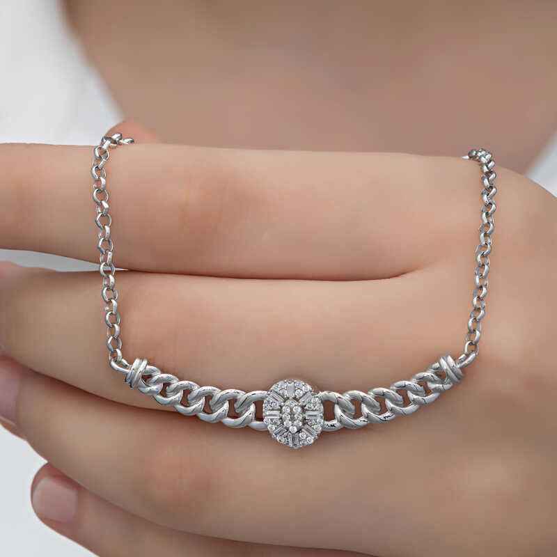 Oval Baguette Stone Gourmet Chain Women's Silver Necklace