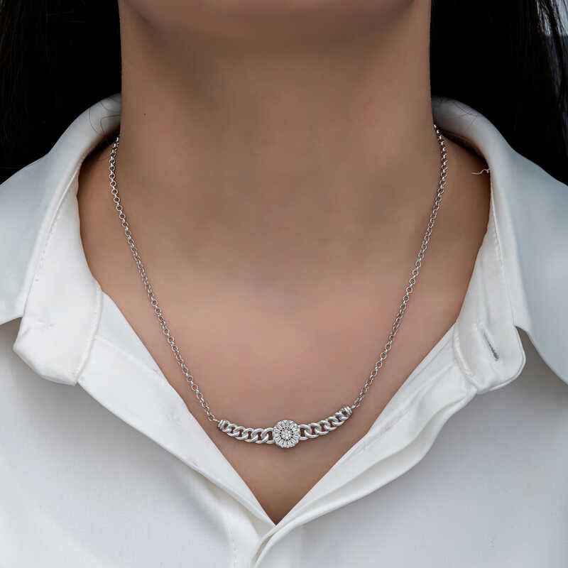 Round Baguette Stone Gourmet Chain Women's Silver Necklace