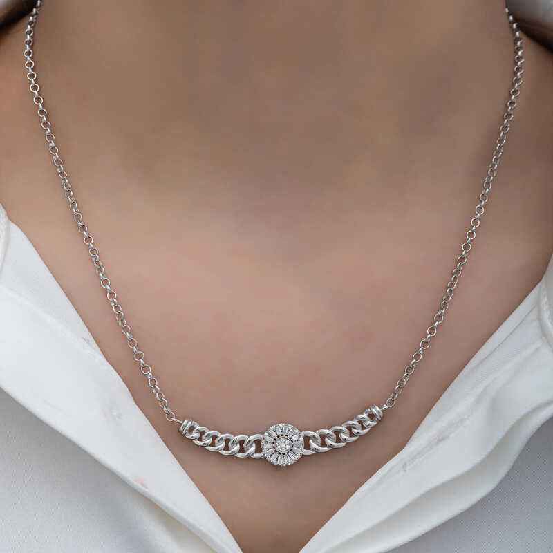 Round Baguette Stone Gourmet Chain Women's Silver Necklace
