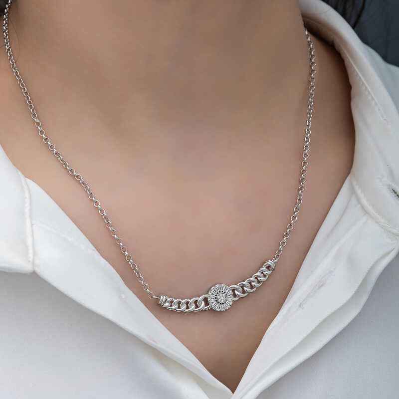 Round Baguette Stone Gourmet Chain Women's Silver Necklace