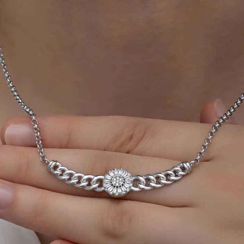 Round Baguette Stone Gourmet Chain Women's Silver Necklace