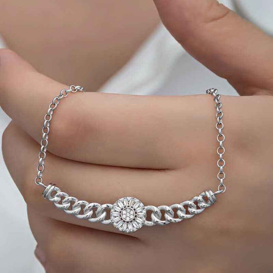 Round Baguette Stone Gourmet Chain Women's Silver Necklace