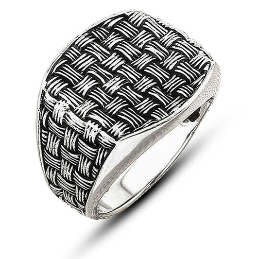 Wicker Pattern Men's Silver Ring