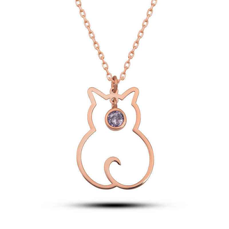 June Birthstone Cat Women's Silver Necklace
