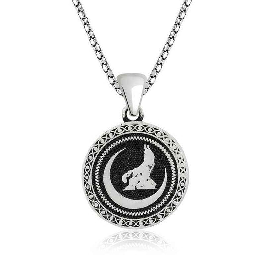 Crescent Grey Wolf Silver Pendant