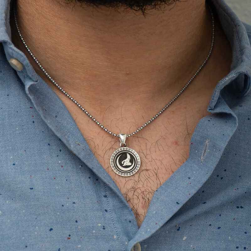 Crescent Grey Wolf Silver Pendant
