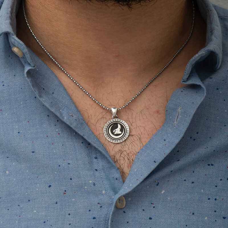 Crescent Grey Wolf Silver Pendant