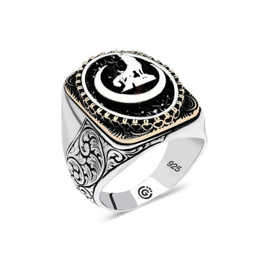 Bague ovale en argent pour homme avec motif de loup gris croissant