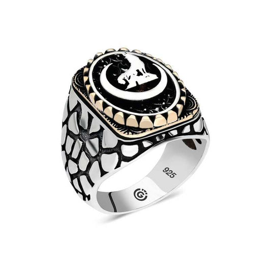 Bague ovale en argent pour homme avec motif de loup gris croissant