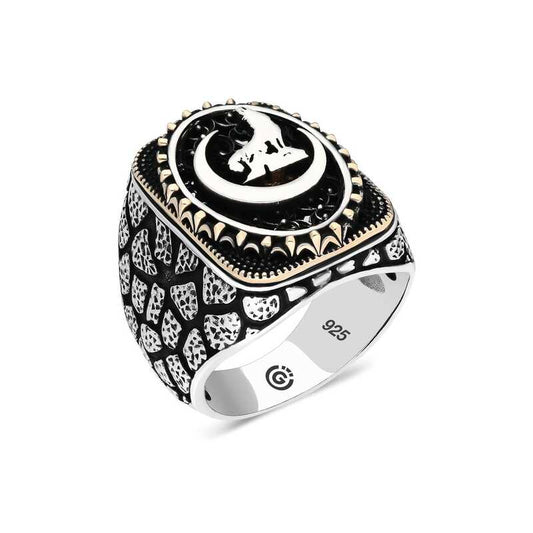 Bague ovale en argent pour homme avec motif de loup gris croissant