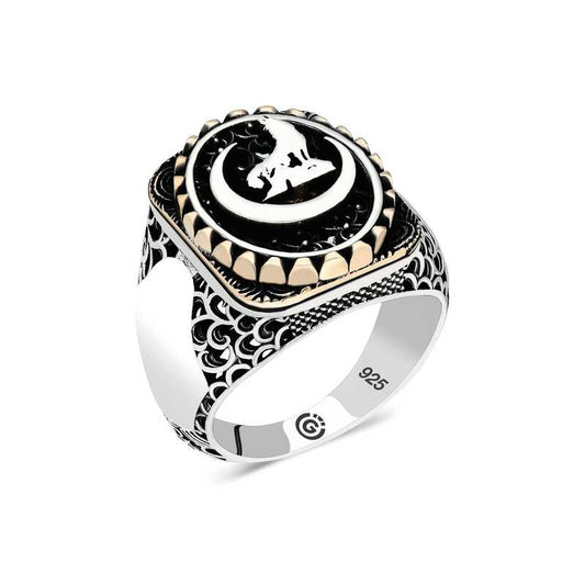 Bague ovale en argent pour homme avec motif de loup gris croissant