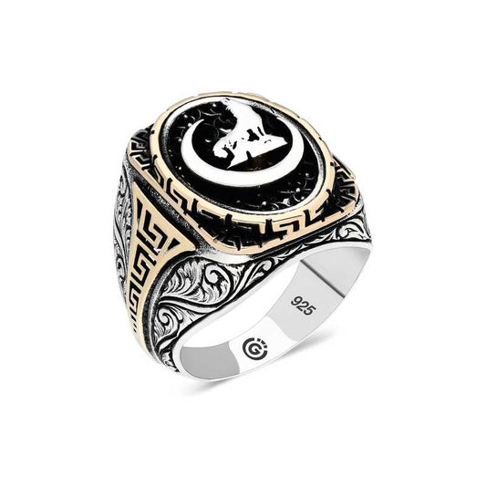 Bague ovale en argent pour homme avec motif de loup gris croissant