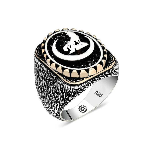 Bague ovale en argent pour homme avec motif de loup gris croissant