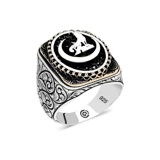 Bague ovale en argent pour homme avec motif de loup gris croissant