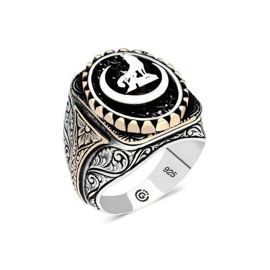 Bague ovale en argent pour homme avec motif de loup gris croissant