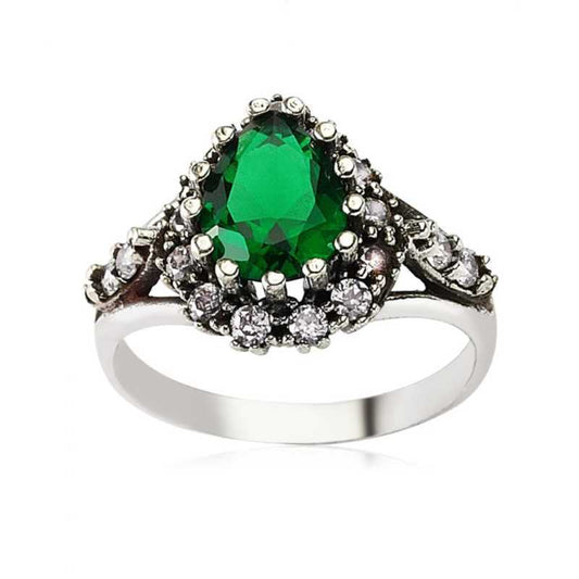 Drop Emerald Stone Women's Silver Ring