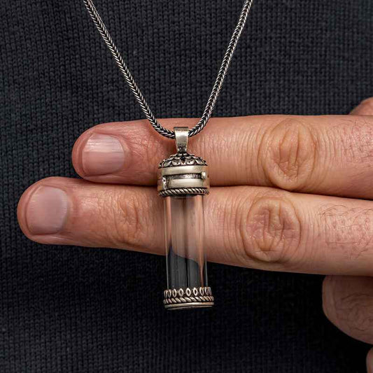 Openable Locket Case Cevşen Men's Silver Necklace