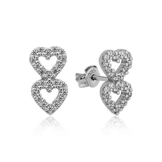 Double Heart Stud Women's Silver Earrings