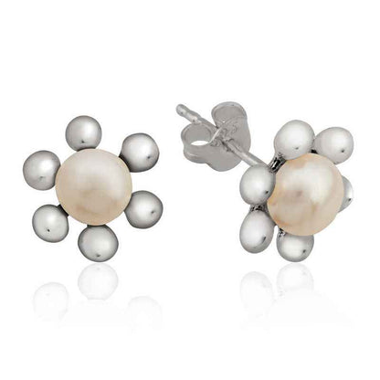 Pearl Flower Stud Silver Earrings
