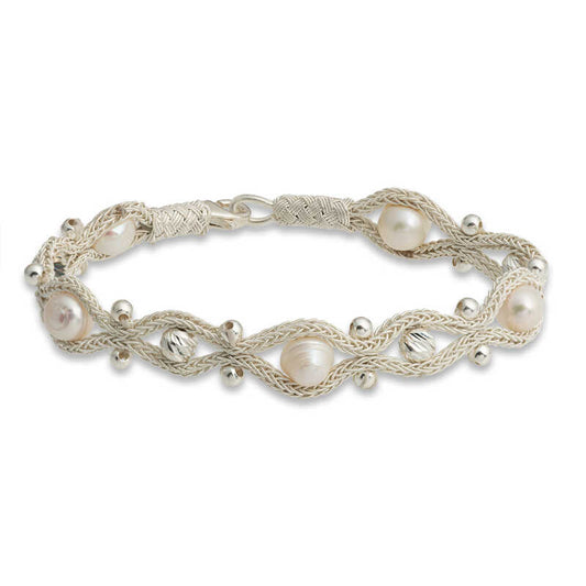 Bracelet en argent tricoté avec fil artistique Pearl Kazaz