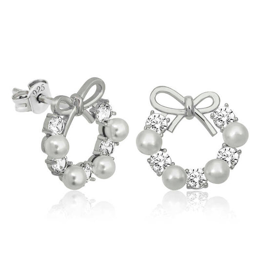 Pearl Ribbon Stud Women's Silver Earrings