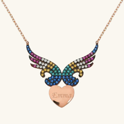 Personalized Winged Heart Women's Rose Gold Plated Silver Necklace