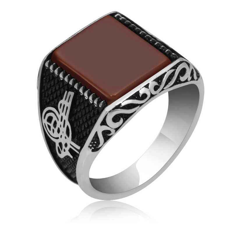 Brown Agate Men's Silver Ring