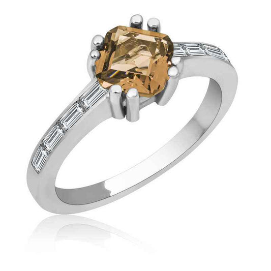 Brown Baguette Single Stone Women's Silver Ring