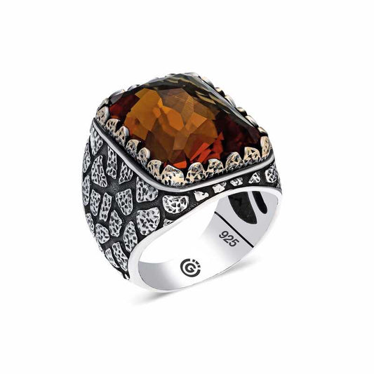 Brown Zircon Stone Square Men's Silver Ring