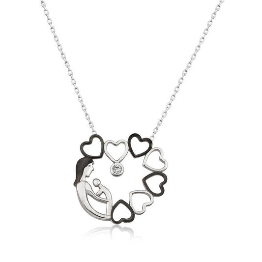 Heart Circle Mother Child Women's Silver Necklace
