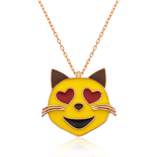 Collier en argent plaqué rose pour femme avec emoji de chat aux yeux en cœur