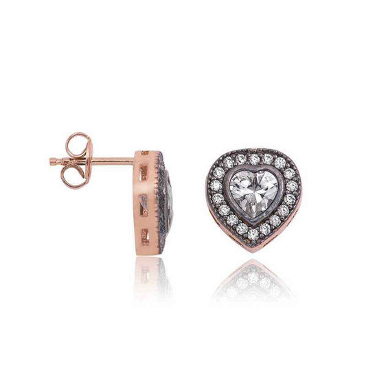Diamond Setting Heart Stud Silver Earrings