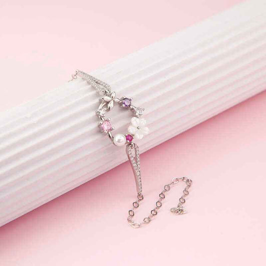 Silver Heart Magnolia Flower Butterfly Women's Bracelet
