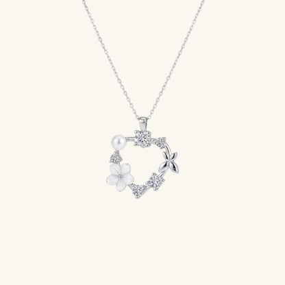 Herz Magnolie Blume Schmetterling Damen Silber Halskette