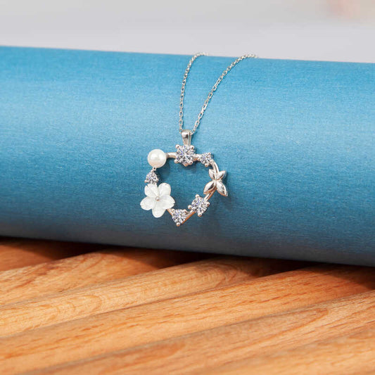 Heart Magnolia Flower Butterfly Women's Silver Necklace