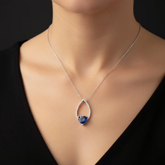 Herz Blau Stein Tropfen Damen Silber Halskette