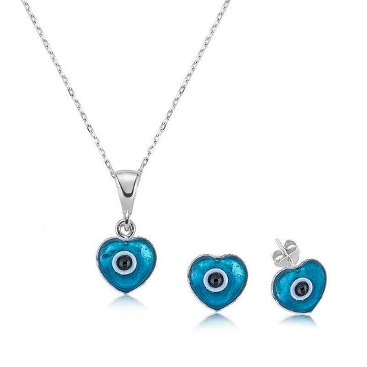 Heart-Shaped Evil Eye Women's Silver Set