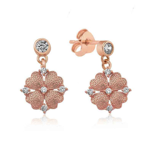 Heart-Leaf Flower Women's Rose Plated Silver Earrings