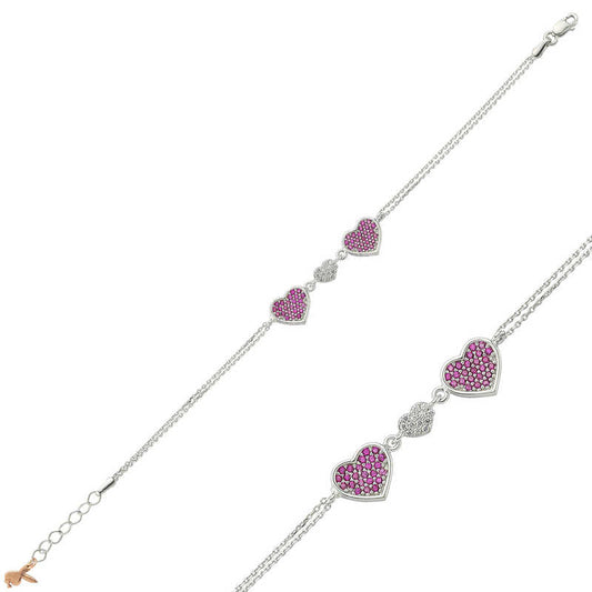 Pink Heart Women's Silver Bracelet