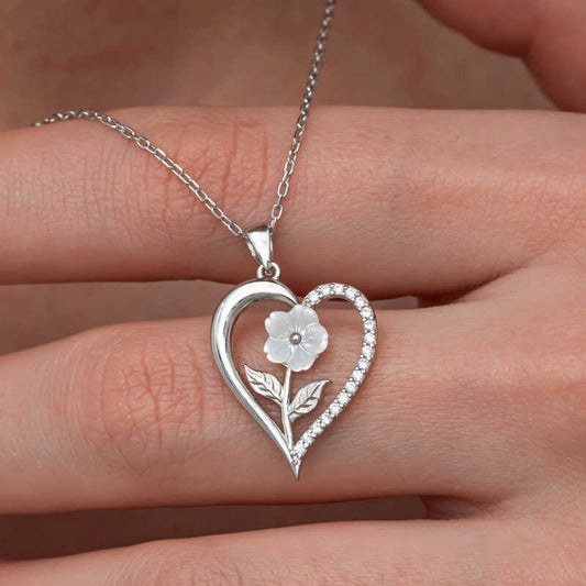 Heart with White Rose Women's Silver Necklace