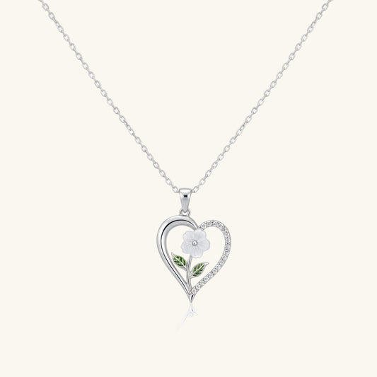 Heart with White Rose Women's Silver Necklace