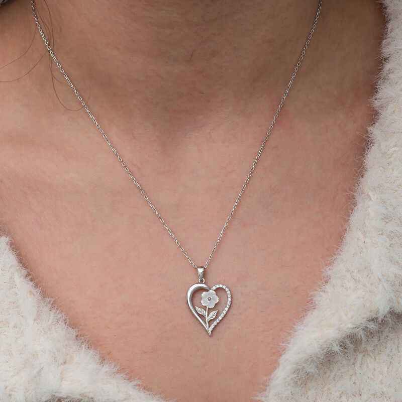 Heart with White Rose Women's Silver Necklace