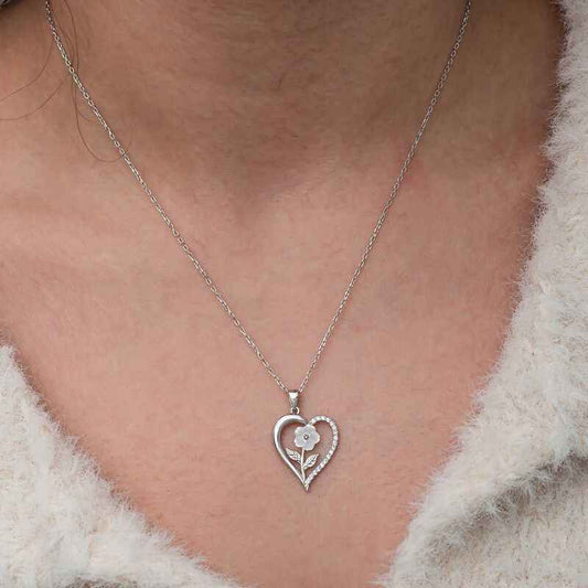 Heart with White Rose Women's Silver Necklace