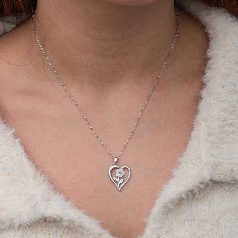 Heart with White Rose Women's Silver Necklace