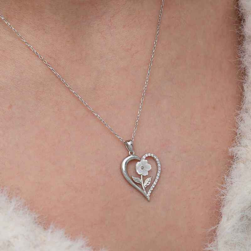 Heart with White Rose Women's Silver Necklace
