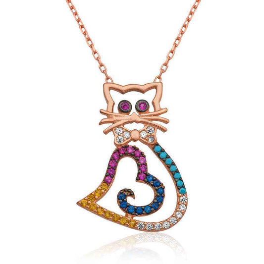 Heart Cat Pendant Silver Necklace
