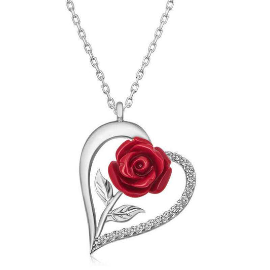 Heart with Red Rose Women's Silver Necklace