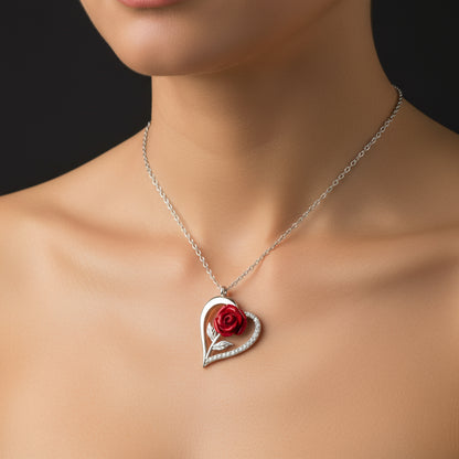 Herz mit roter Rose Damen Silber Halskette