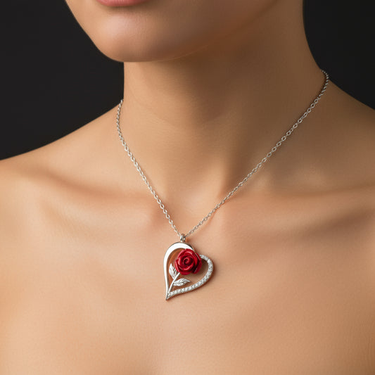 Herz mit roter Rose Damen Silber Halskette